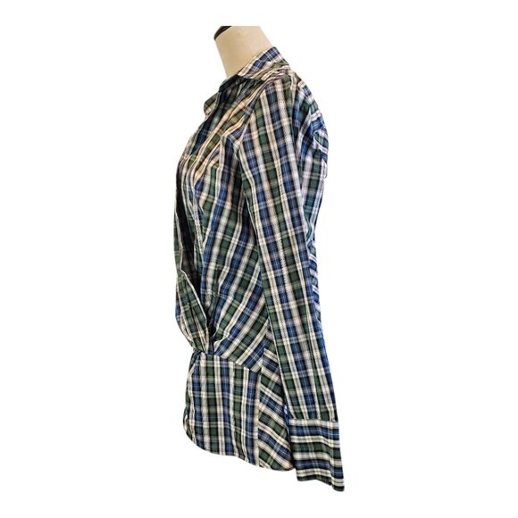 ZARA SZ L Blue & Green Plaid Cross-over 100% Cotton Twist Front Shirt Tunic Top - Picture 7 of 11